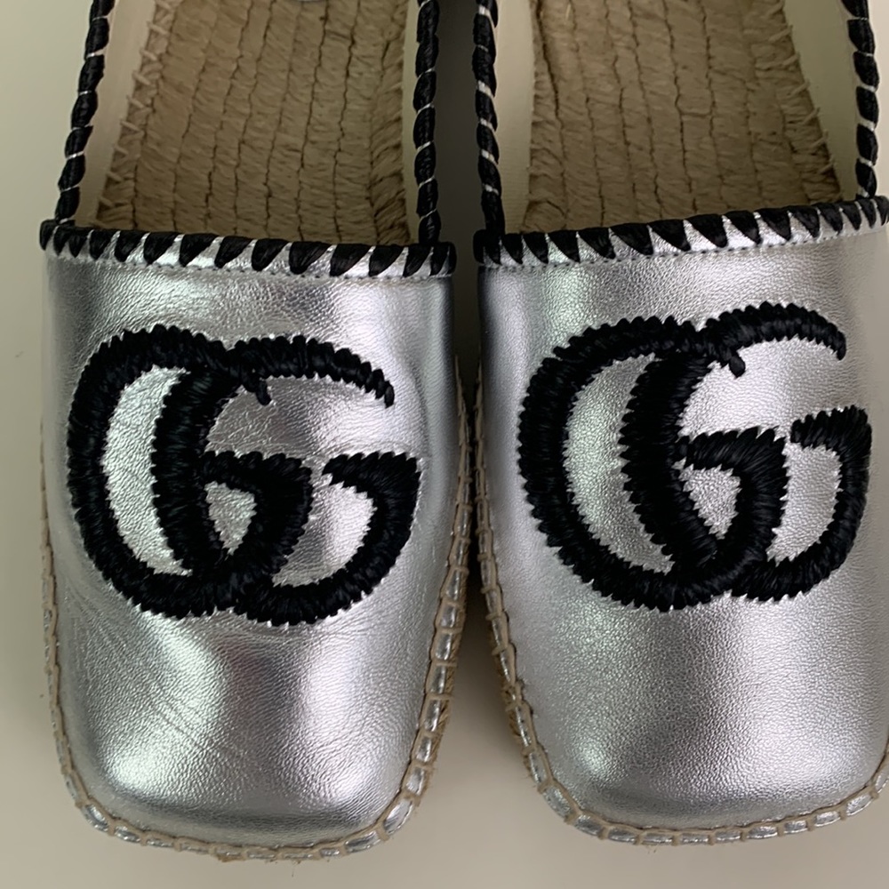 NEW Gucci Espadrille Size 37 (7) GG Marmont Silver Metallic - Picture 7 of 14